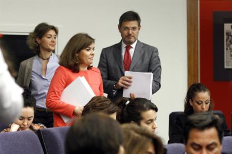 10/04/2015. Consejo de Ministros: Sáenz de Santamaría, Catalá y Tejerina. La vicepresidenta del Gobierno, ministra de la Presidencia y porta...